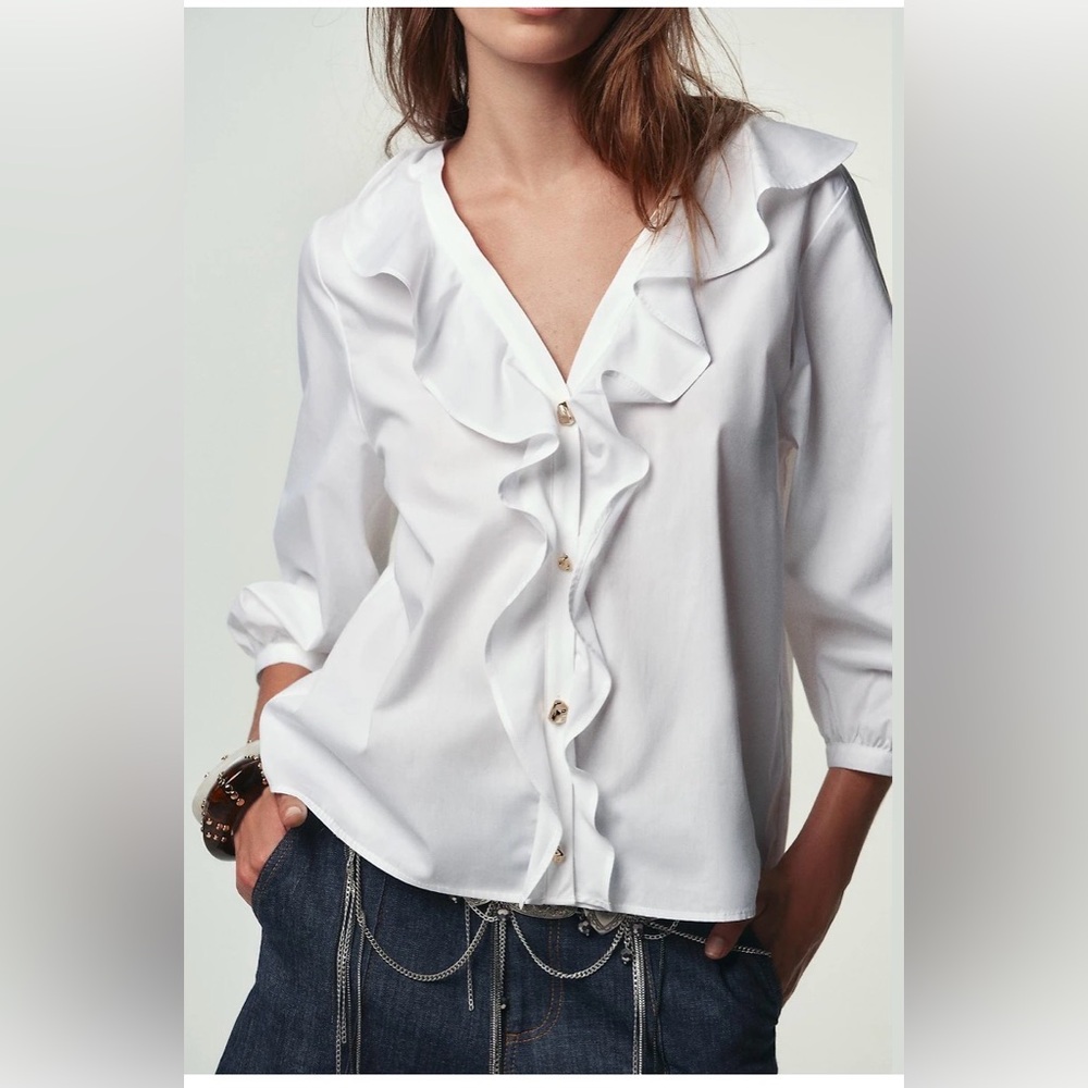 Zara Ruffled V-Neck White Blouse - Women Tops NWT